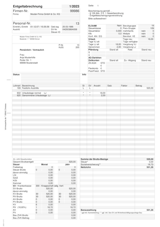 Muster Entgeltabrechnung Minijob (SBS Lohn plus® / Wolters Kluwer Software und Service GmbH)