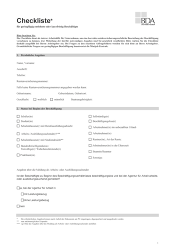 Checkliste Minijob, geringfügig entlohnte oder kurzfristig Beschäftigte