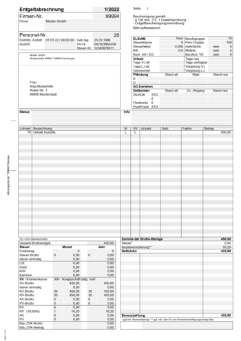 Muster Entgeltabrechnung Beitragsgruppe 6100 (ADDISON SBS Lohn)