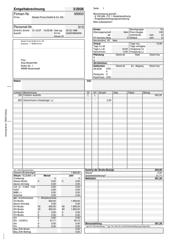 Muster Entgeltabrechnung Minijob (ADDISON SBS Lohn/Wolters Kluwer Software und Service GmbH)